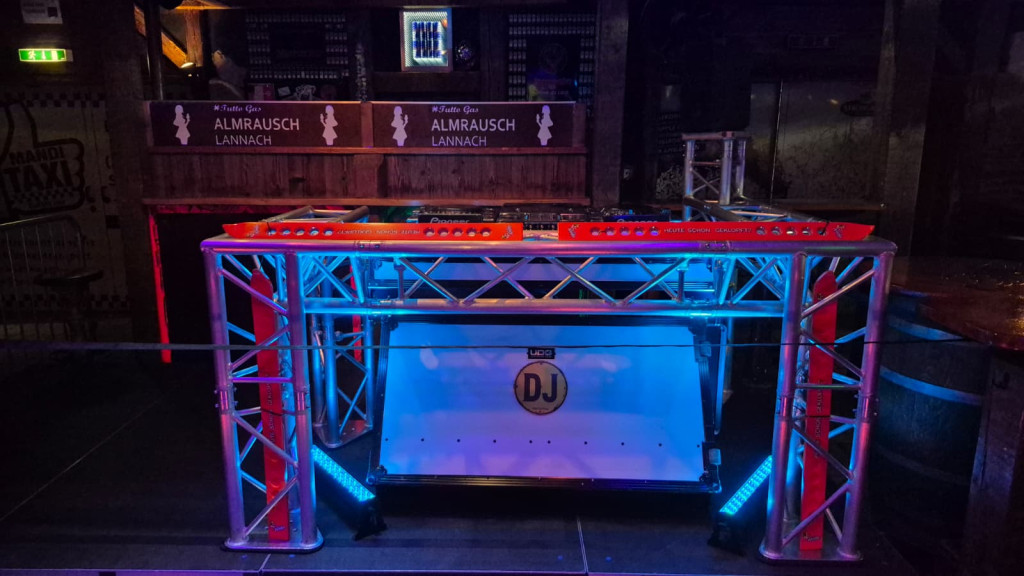 DJ Setup - Trussing, Lights, Decks, Mixer, Monitoring