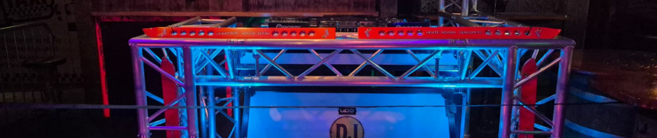 DJ Setup - Trussing, Lights, Decks, Mixer, Monitoring